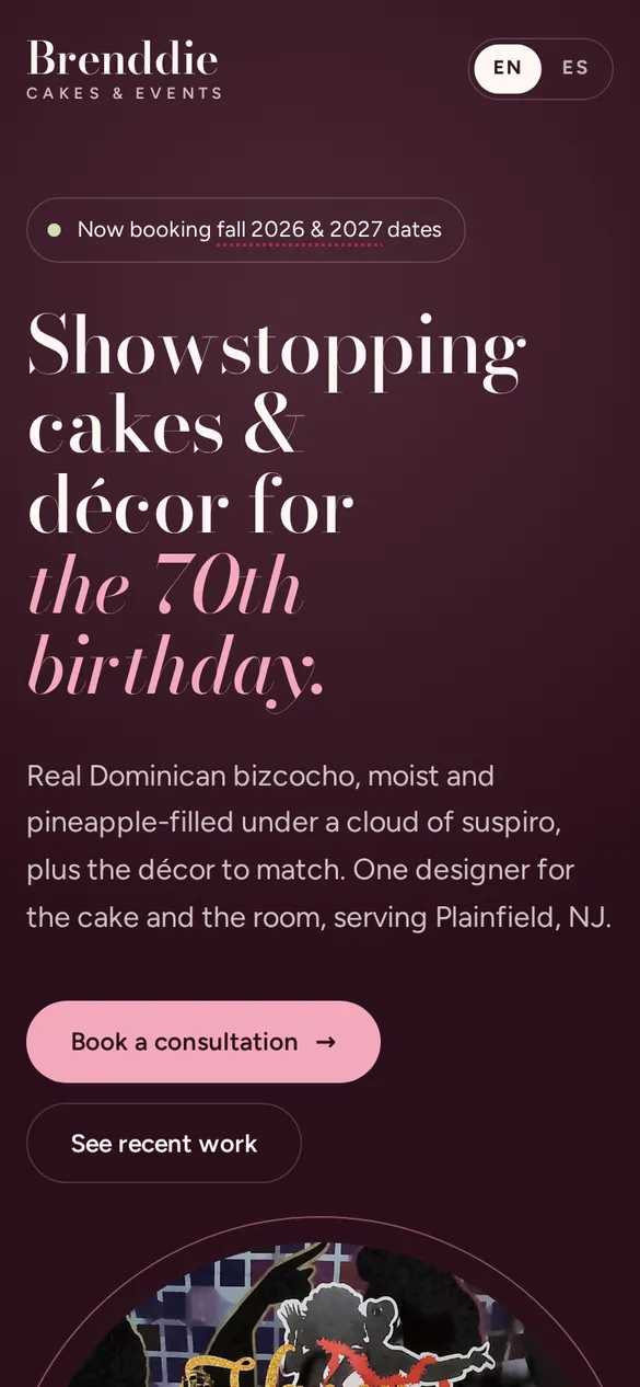 Brenddie Cakes & Events website on mobile