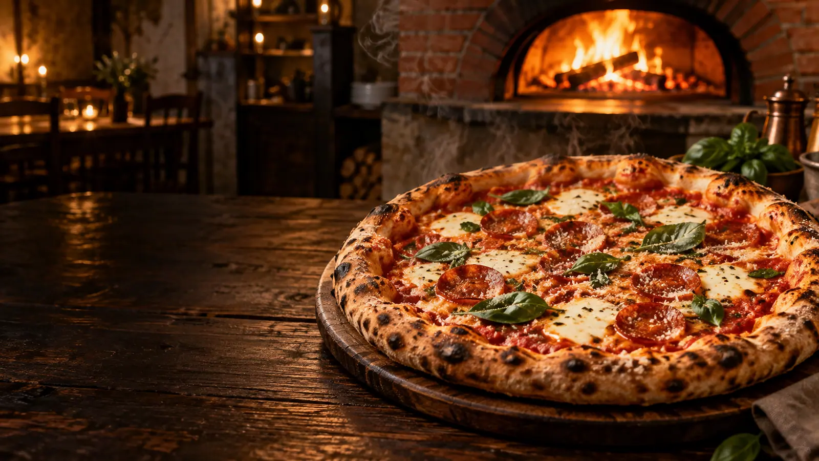 Coal-fired pizza in front of the oven